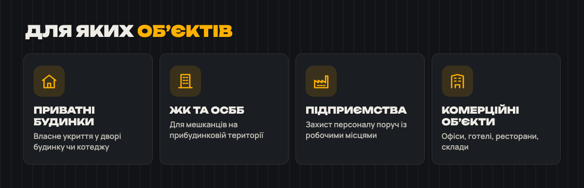 Укриття для приватних будинків, ЖК та ОСББ, підприємств і комерційних обʼєктів