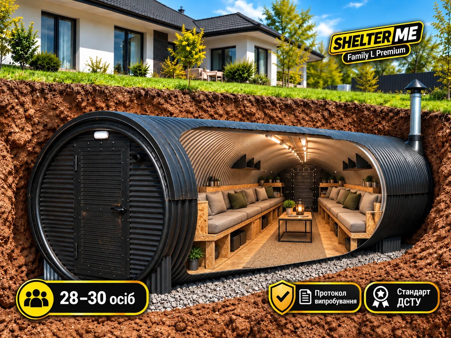 Преміум укриття з диванами, медіазоною та кухнею SHELTER ME Family L Premium, Ø2,5 м × 8 м