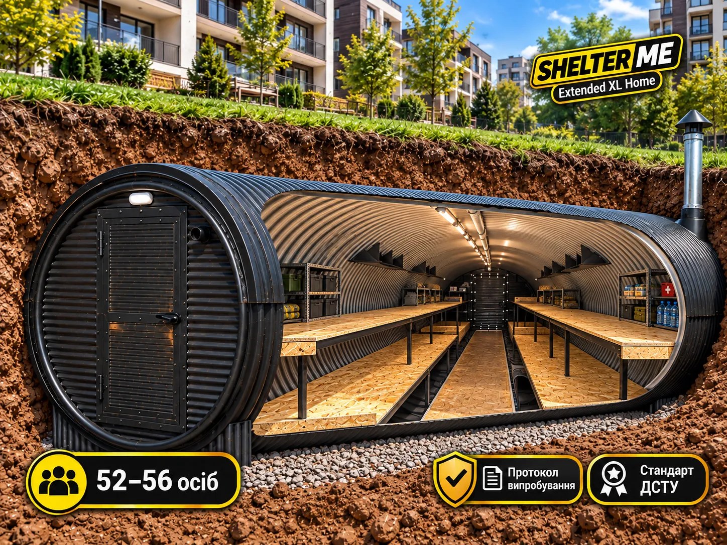 Модульне укриття для ОСББ і ЖК на 52–56 мешканців SHELTER ME Extended XL Home, Ø3 м × 14 м