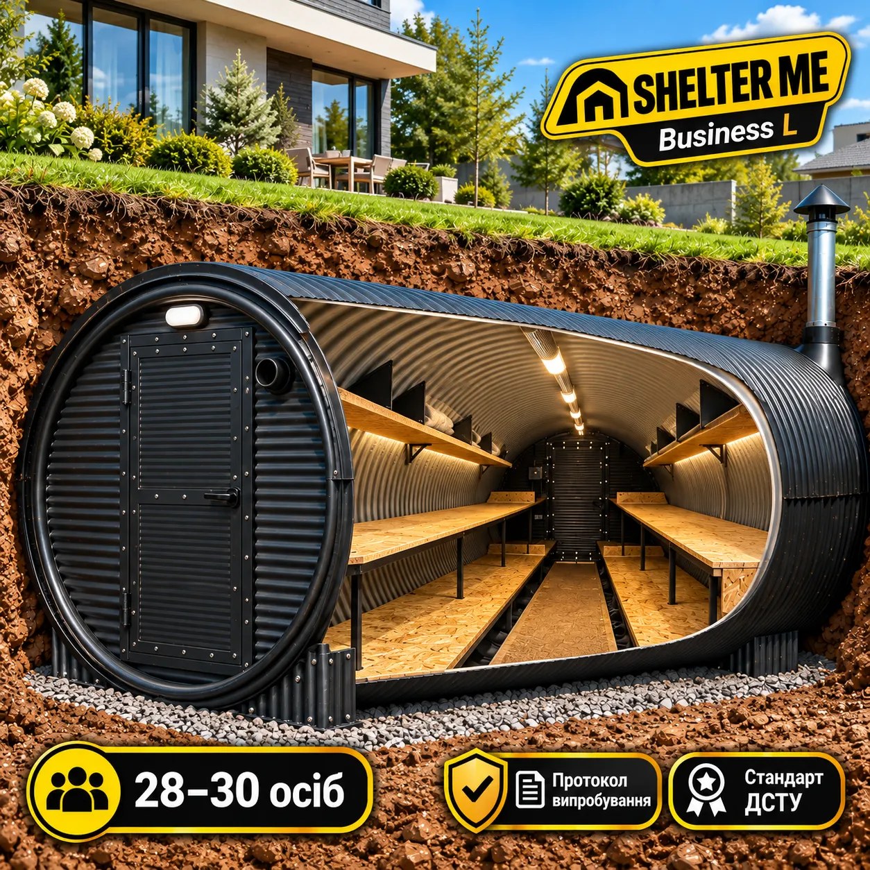 Модульне підземне укриття-бомбосховище SHELTER ME Business L на 28–30 осіб, Ø3 м × 8 м