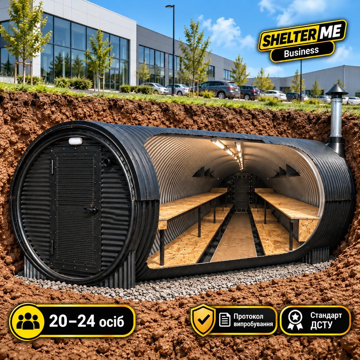 Модульне підземне укриття-бомбосховище SHELTER ME Business на 20–24 осіб, Ø3 м × 6,25 м