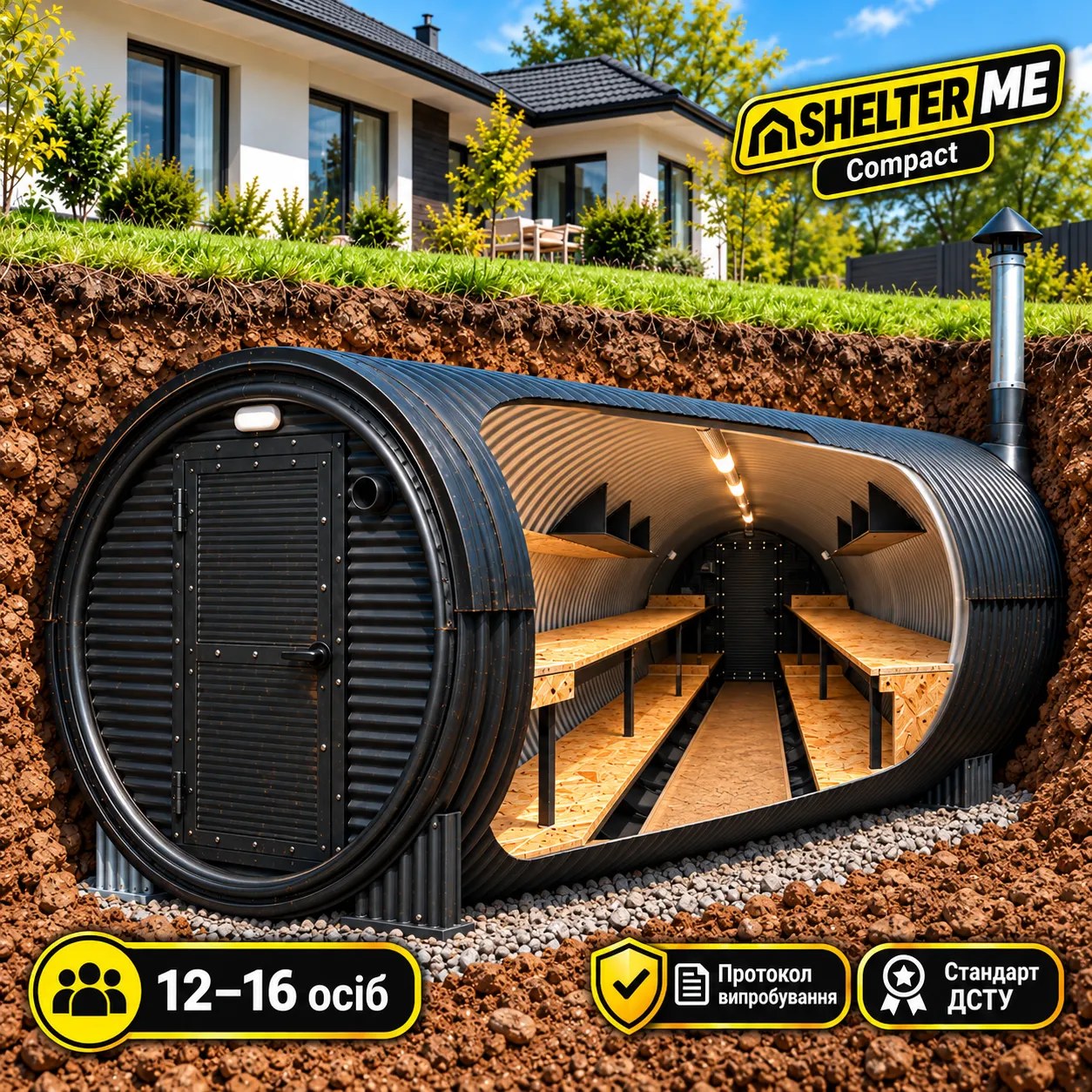 Модульне підземне укриття-бомбосховище SHELTER ME Compact на 12–16 осіб, Ø2 м × 4–5 м