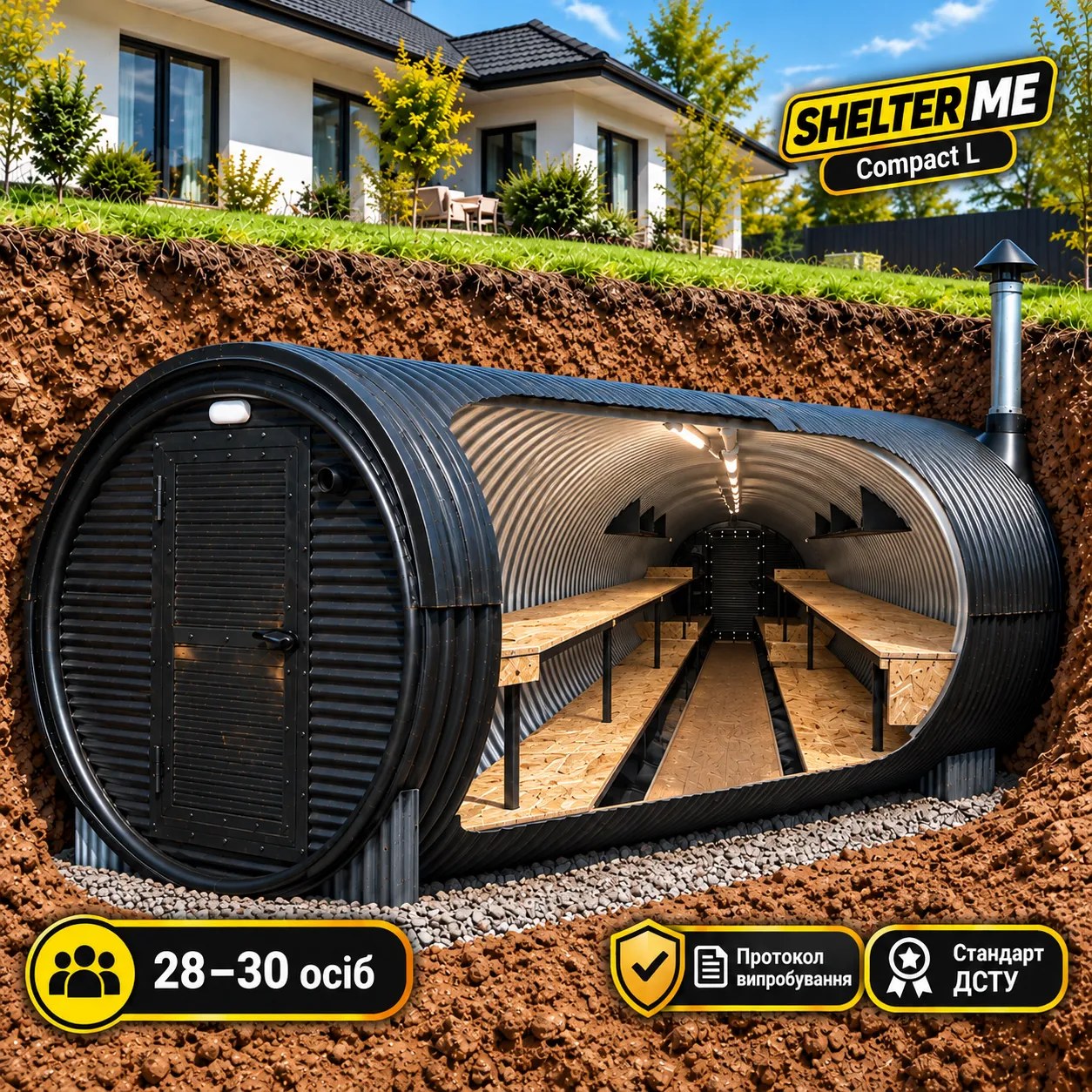 Модульне підземне укриття-бомбосховище SHELTER ME Compact L на 28–30 осіб, Ø2 м × 8 м