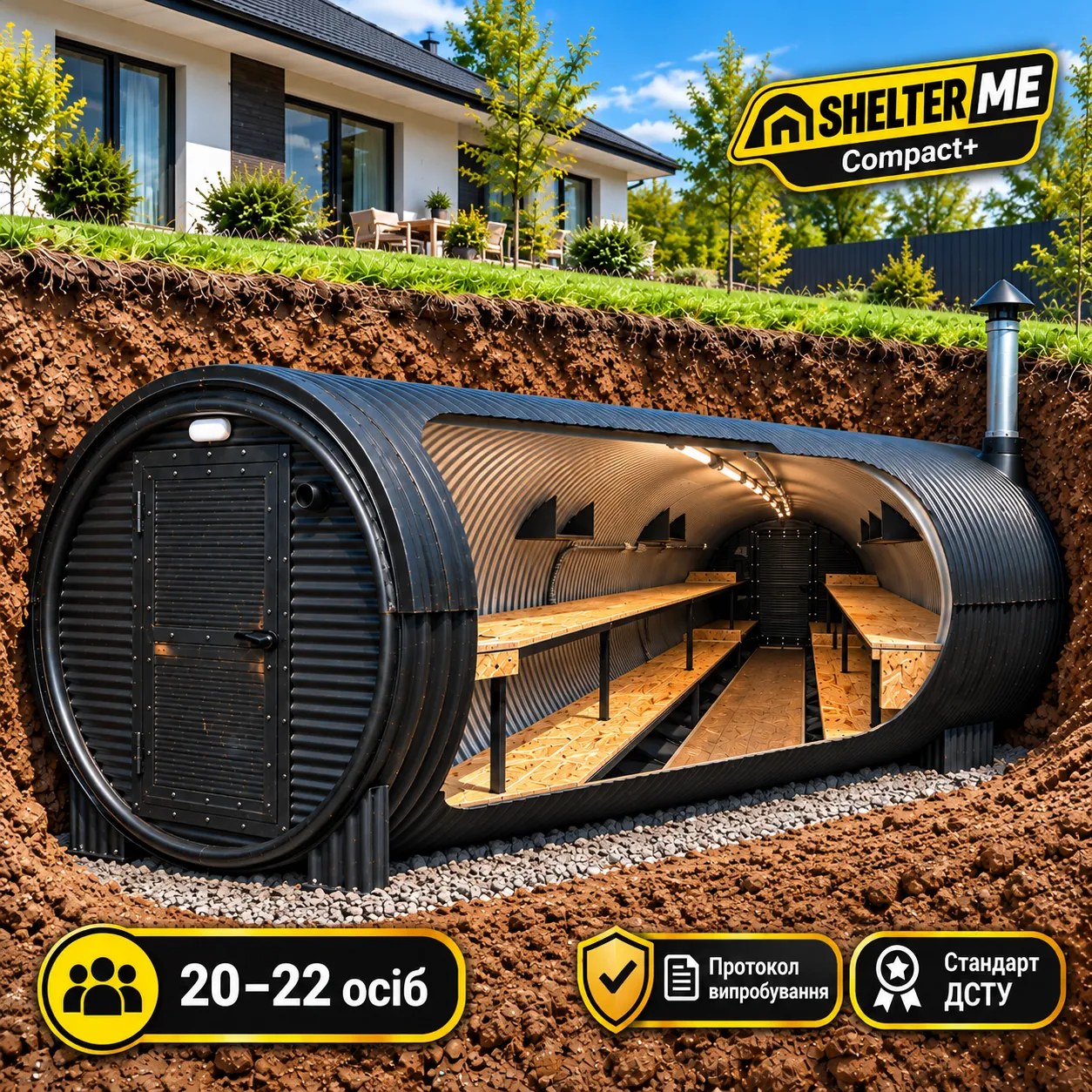 Модульне підземне укриття-бомбосховище SHELTER ME Compact+ на 20–22 осіб, Ø2 м × 6,25 м