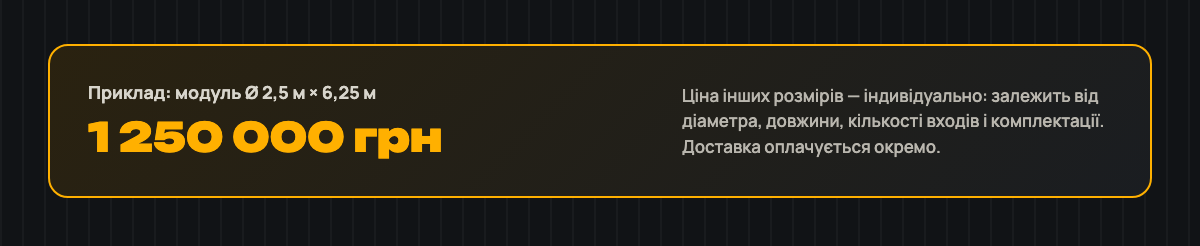 Ціна: модуль Ø 2,5 × 6,25 м — 1 250 000 грн